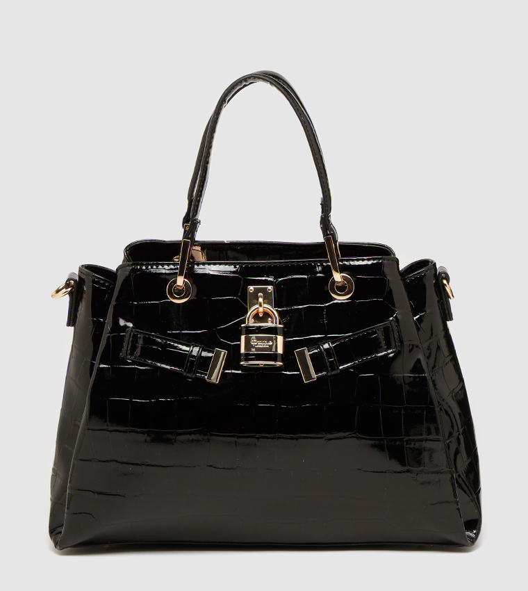 Dune London | Darryyl Large Padlock Croc Tote-Black | 6TH STREET.COM
