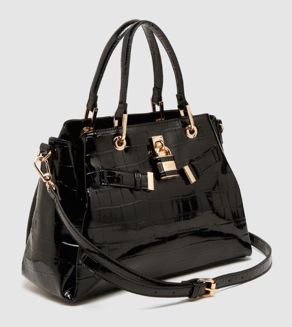 Dune London | Darryyl Large Padlock Croc Tote-Black | 6TH STREET.COM